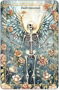 Tarot card with skeleton and angel wings surrounded by roses, 'Faith transcends' text above