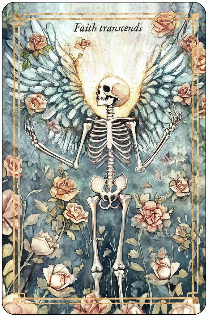 Tarot card with skeleton and angel wings surrounded by roses, 'Faith transcends' text above