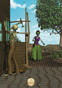 Skeleton and green-skinned woman in mystical garden with skull, tarot, and crystal vibes