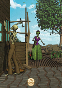 Skeleton and green-skinned woman in mystical garden with skull, tarot, and crystal vibes