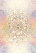 Golden mandala with pastel watercolor background for spiritual healing and meditation
