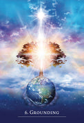 Grounding tarot card with tree on Earth, radiant light, cosmic sky — spiritual healing imagery