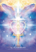 Tarot card 14: Alignment with radiant sword, angel wings, and cosmic stars for spiritual guidance