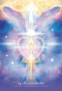 Tarot card 14: Alignment with radiant sword, angel wings, and cosmic stars for spiritual guidance
