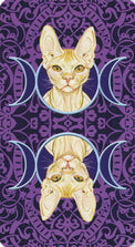Sphinx cat tarot card with triple moon symbols on purple ornate background, metaphysical spiritual art