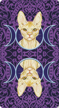 Sphinx cat tarot card with triple moon symbols on purple ornate background, metaphysical spiritual art