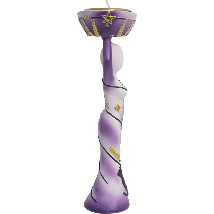 Purple goddess candle holder with gold accents, pentacle and star designs, for altar decor