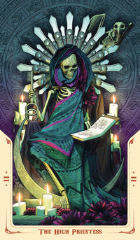 The High Priestess tarot card with skull, candles, and crystal crown, mystical esoteric artwork