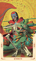 Tarot card Strength with skeleton rider and dragon, vibrant metaphysical artwork for spiritual practice