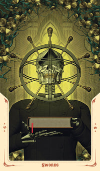 Tarot card featuring skeletal figure holding book, surrounded by swords and vines, mystical design