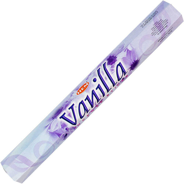 HEM Vanilla incense sticks box with purple floral design, aromatherapy product
