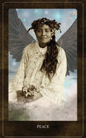 Angel tarot card with woman in floral dress, wings, flower crown, holding flowers, labeled Peace