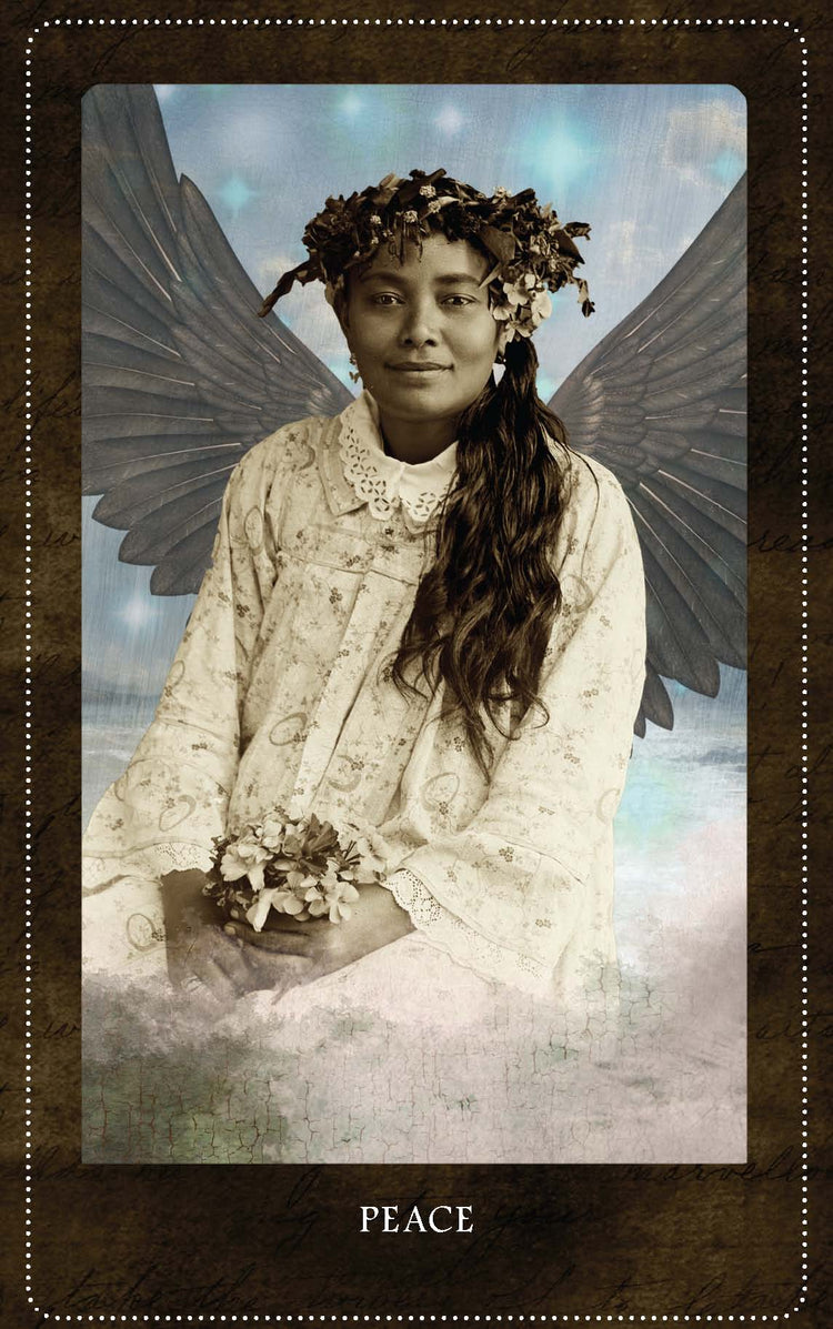 Angel tarot card with woman in floral dress, wings, flower crown, holding flowers, labeled Peace