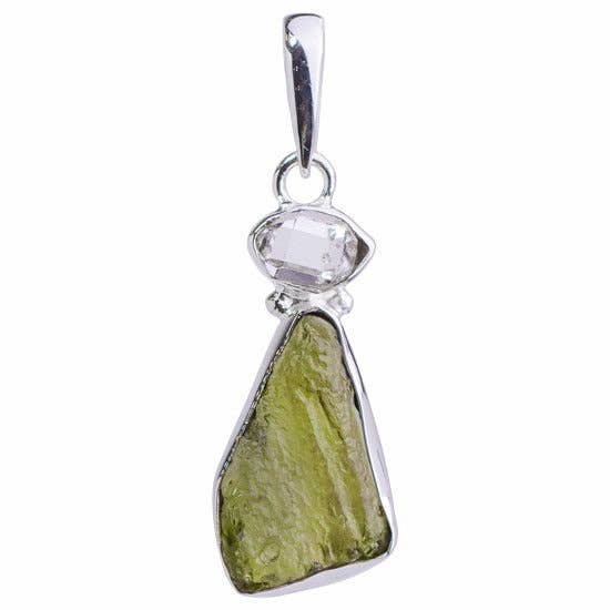 Green moldavite and clear quartz gemstone pendant in silver setting, metaphysical jewelry