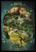 Frog tarot card symbolizing creativity, surrounded by mossy forest scene, metaphysical art