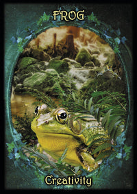 Frog tarot card symbolizing creativity, surrounded by mossy forest scene, metaphysical art