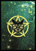 Mystical black cat within golden pentagram on starry green background, tarot or metaphysical art