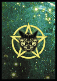 Mystical black cat within golden pentagram on starry green background, tarot or metaphysical art