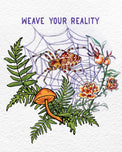 Spider Weaver watercolor artwork lettered Weave Your Reality, spider web with marigolds and ferns