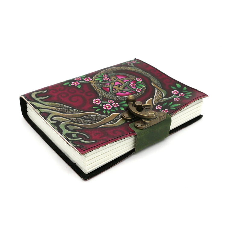 Celtic tree of life leather journal with floral design and vintage metal clasp
