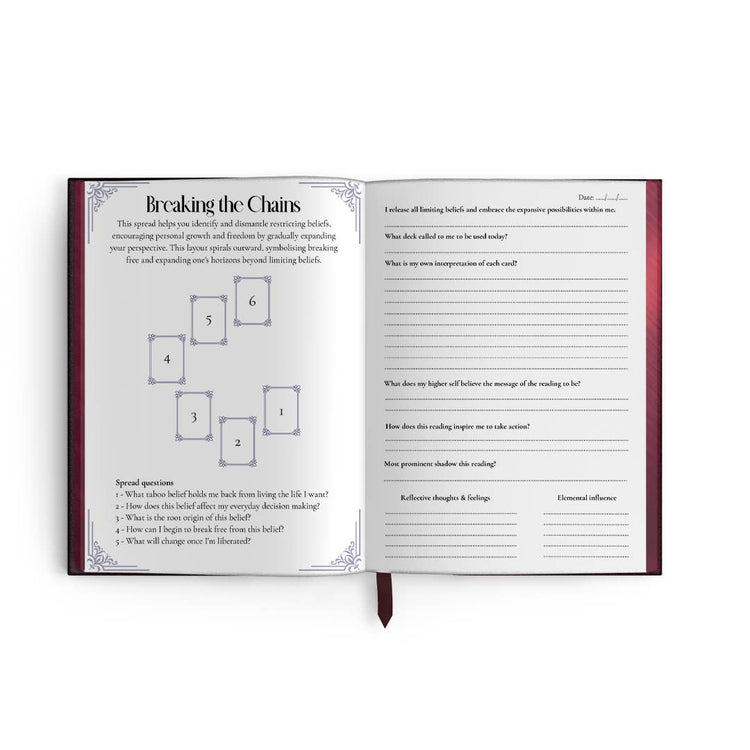 Opened tarot journal featuring a 'Breaking the Chains' tarot spread layout with guided prompts and questions for spiritual reflection and personal growth.