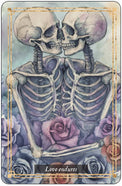 Illustration of two skeletons embracing among colorful roses with 'Love endures' text