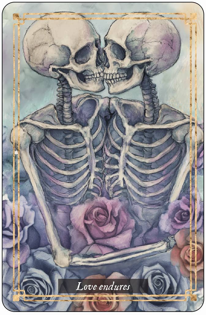 Illustration of two skeletons embracing among colorful roses with 'Love endures' text