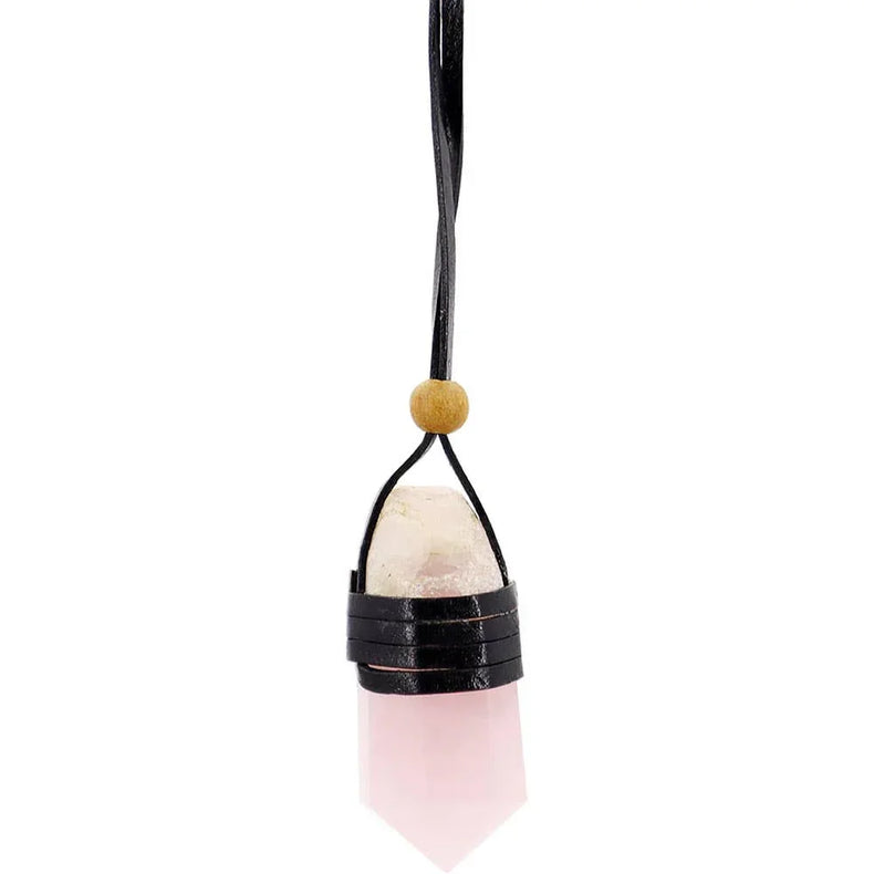 Rose quartz crystal pendant with leather strap and wooden bead, metaphysical jewelry