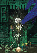 Mystical skeleton with raven wings amid ancient ruins, crystals, and skulls for metaphysical decor