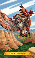 Knight of Wands tarot card with fiery raven in desert landscape, symbolizing passion and action