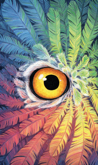 Vibrant raven eye surrounded by colorful feathers, mystical tarot card art for spiritual seekers