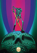 Skeleton holding staff atop ornate skull, vibrant metaphysical art for tarot and spiritual practice