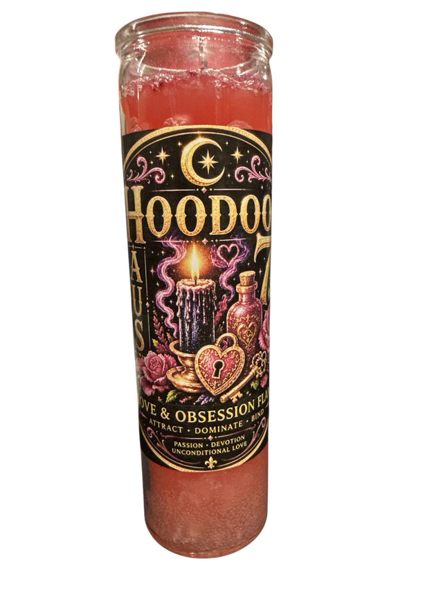 Hoodoo House Love & Obsession Flame candle for attraction, passion, and devotion in metaphysical practice