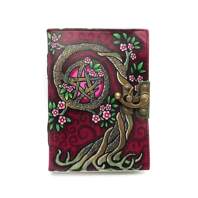 Pentacle tree journal with pink flowers, ornate brass lock, mystical art on burgundy cover
