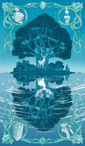 Mystical tarot card art with stag under tree, crystal, candle, rose; spiritual symbolism for metaphysical shop