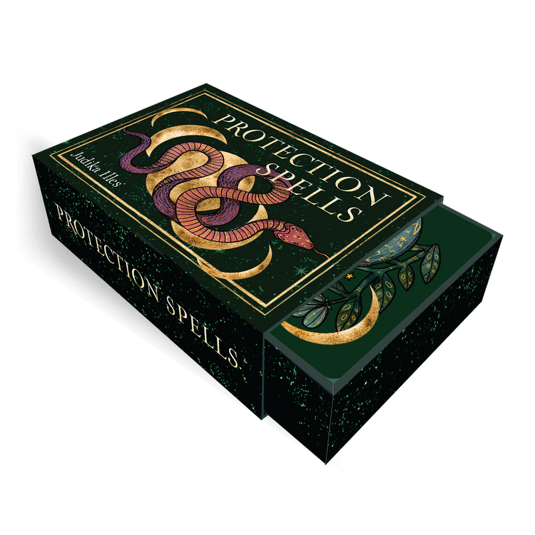 Protection Spells card deck box with snake, crescent moons, and mystical green design