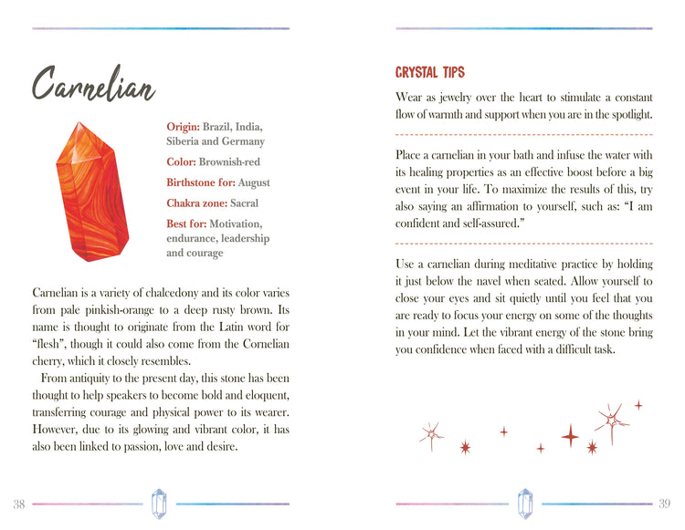 Carnelian stone guide with properties, origins, crystal healing tips, and illustration of carnelian.