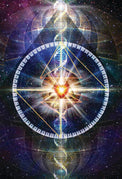 Sacred geometry art with glowing triangles, cosmic spirals, and starry background for spiritual healing and meditation