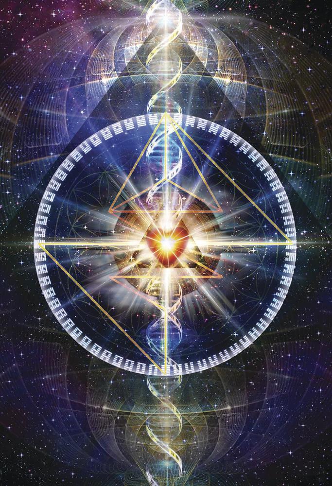 Sacred geometry art with glowing triangles, cosmic spirals, and starry background for spiritual healing and meditation