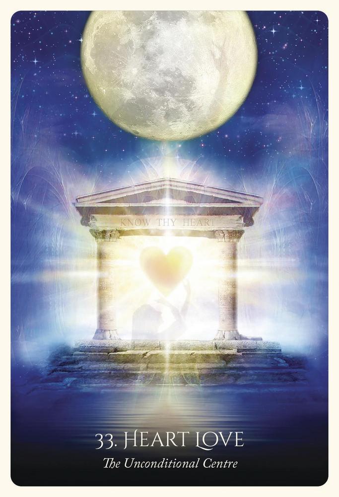 Heart Love tarot card with glowing heart, moon, and 'Know Thy Heart' temple under stars, spiritual guidance
