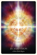 2020 Vision tarot card with radiant energy, spiritual symbols, and 'A New Earth Begins' text for metaphysical insight