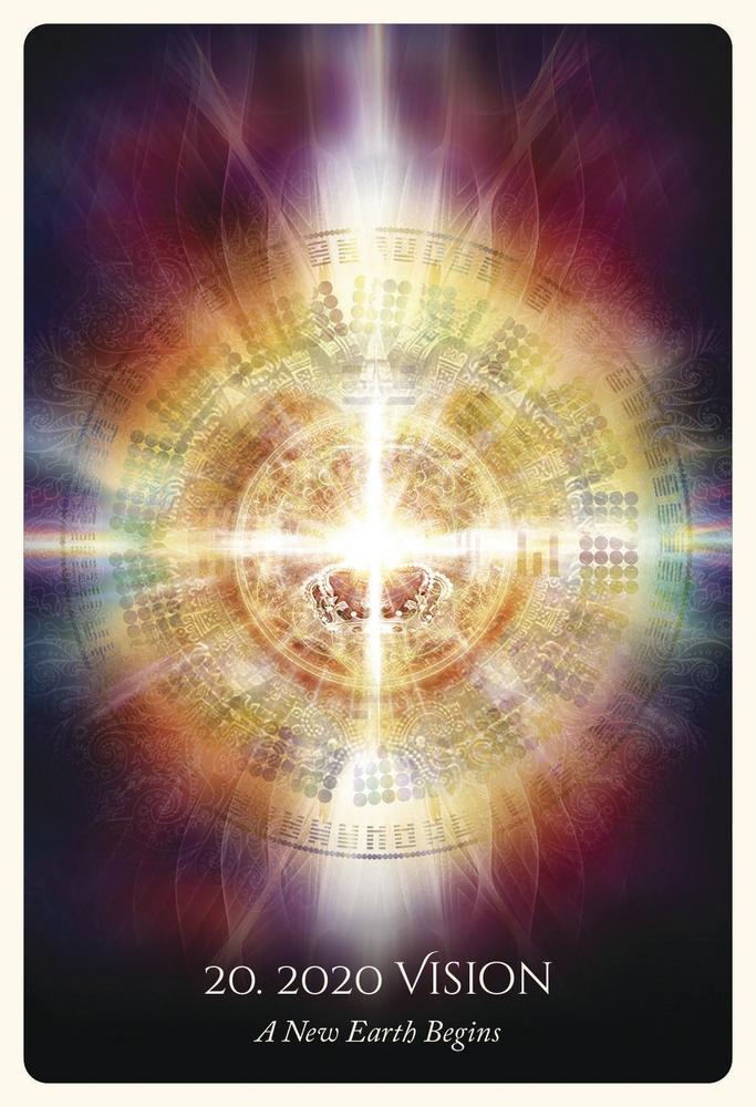 2020 Vision tarot card with radiant energy, spiritual symbols, and 'A New Earth Begins' text for metaphysical insight