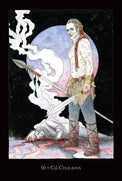 Cú Chulainn tarot card artwork with warrior holding spear and sword, moon backdrop, mystical battle scene