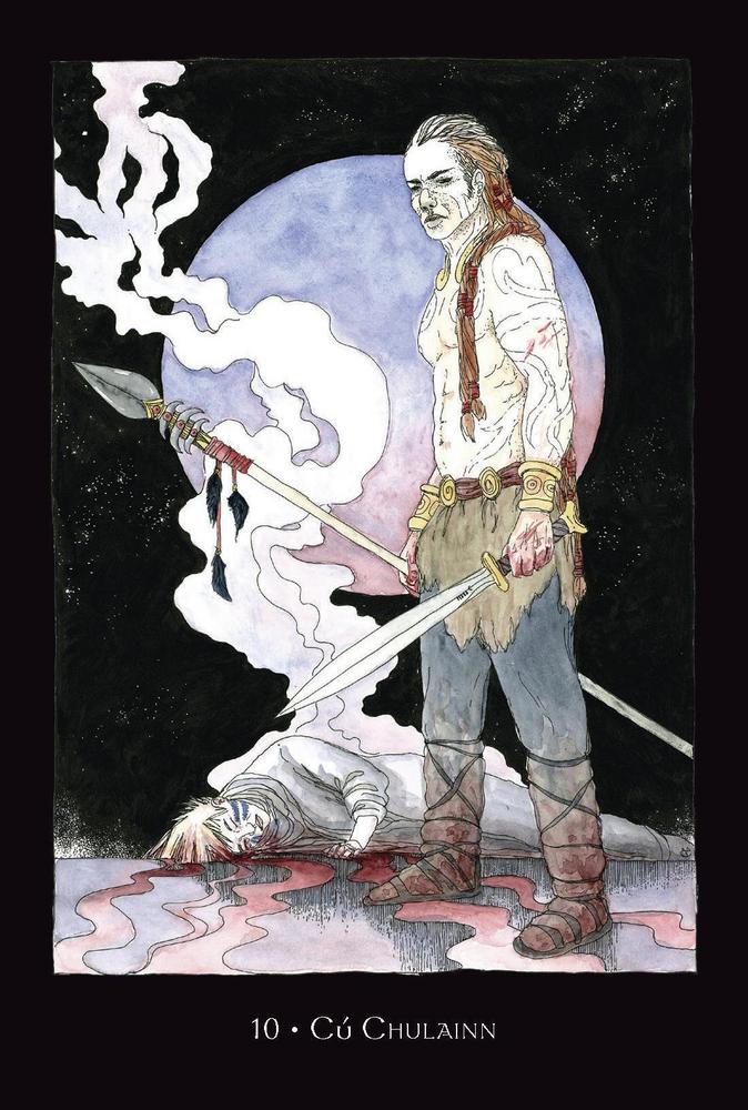 Cú Chulainn tarot card artwork with warrior holding spear and sword, moon backdrop, mystical battle scene