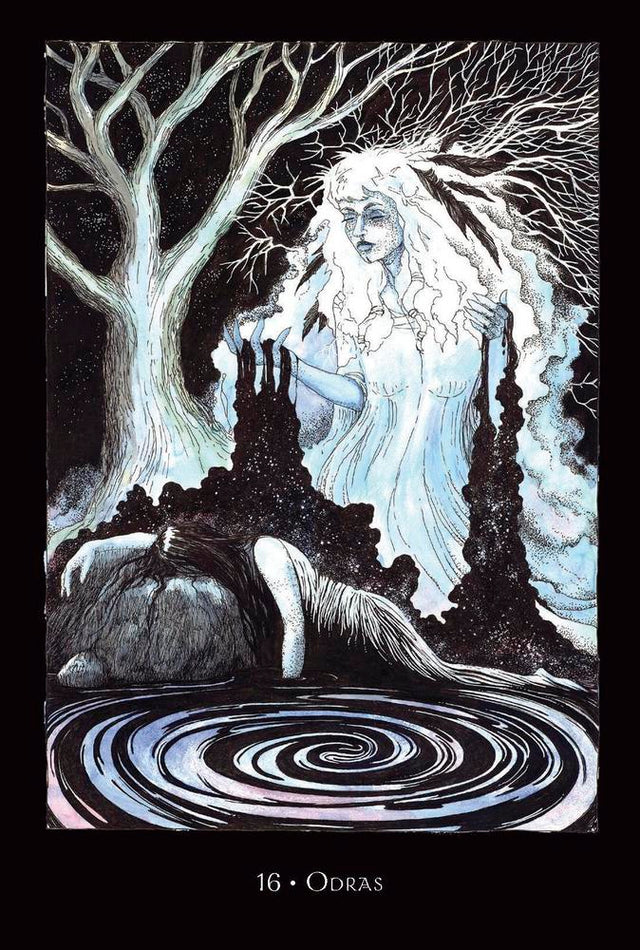 Odras tarot card: ethereal woman by mystical tree, swirling water, spiritual artwork for metaphysical practice