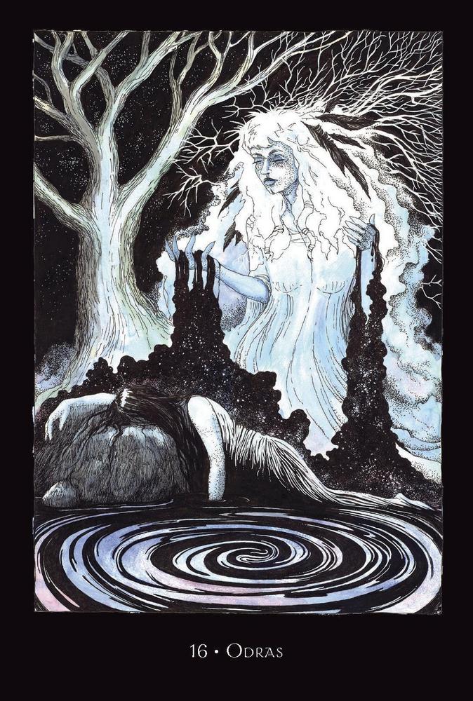 Odras tarot card: ethereal woman by mystical tree, swirling water, spiritual artwork for metaphysical practice