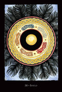 Celtic knotwork shield tarot card with raven feathers, mystical design for spiritual practice