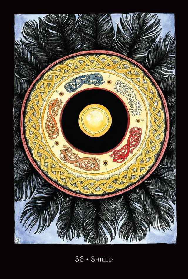 Celtic knotwork shield tarot card with raven feathers, mystical design for spiritual practice