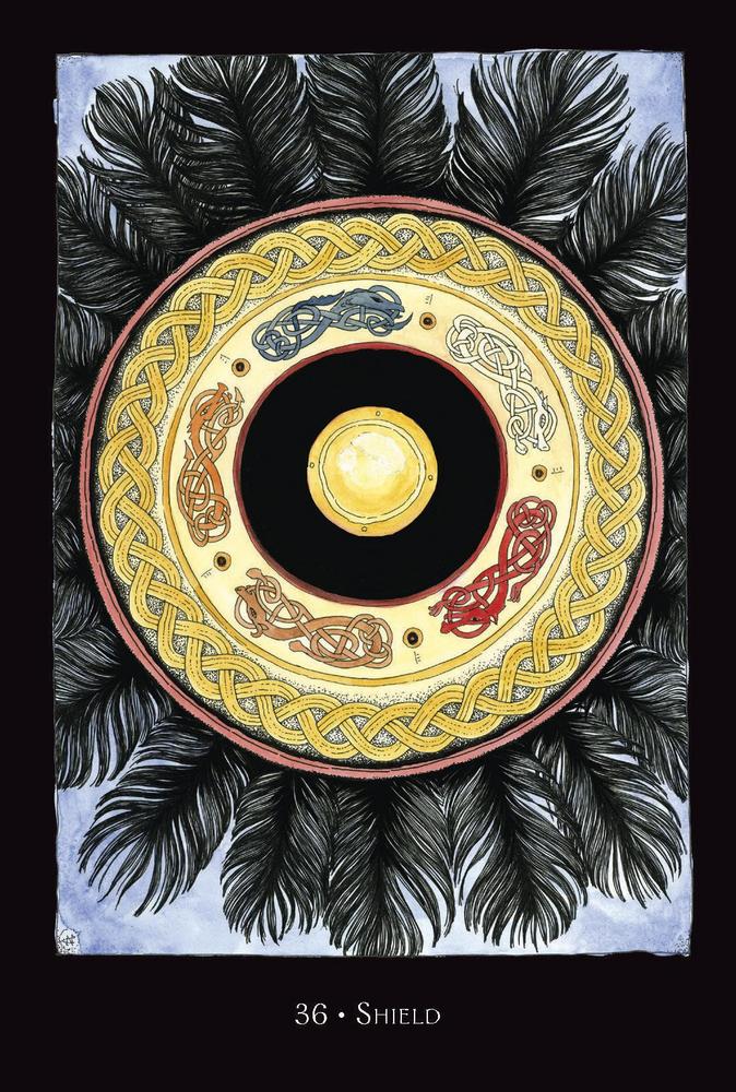 Celtic knotwork shield tarot card with raven feathers, mystical design for spiritual practice