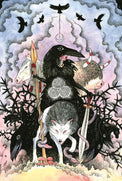 Mystical raven with spiral symbol, surrounded by wolves, crows, and thorns — tarot art for spiritual practice